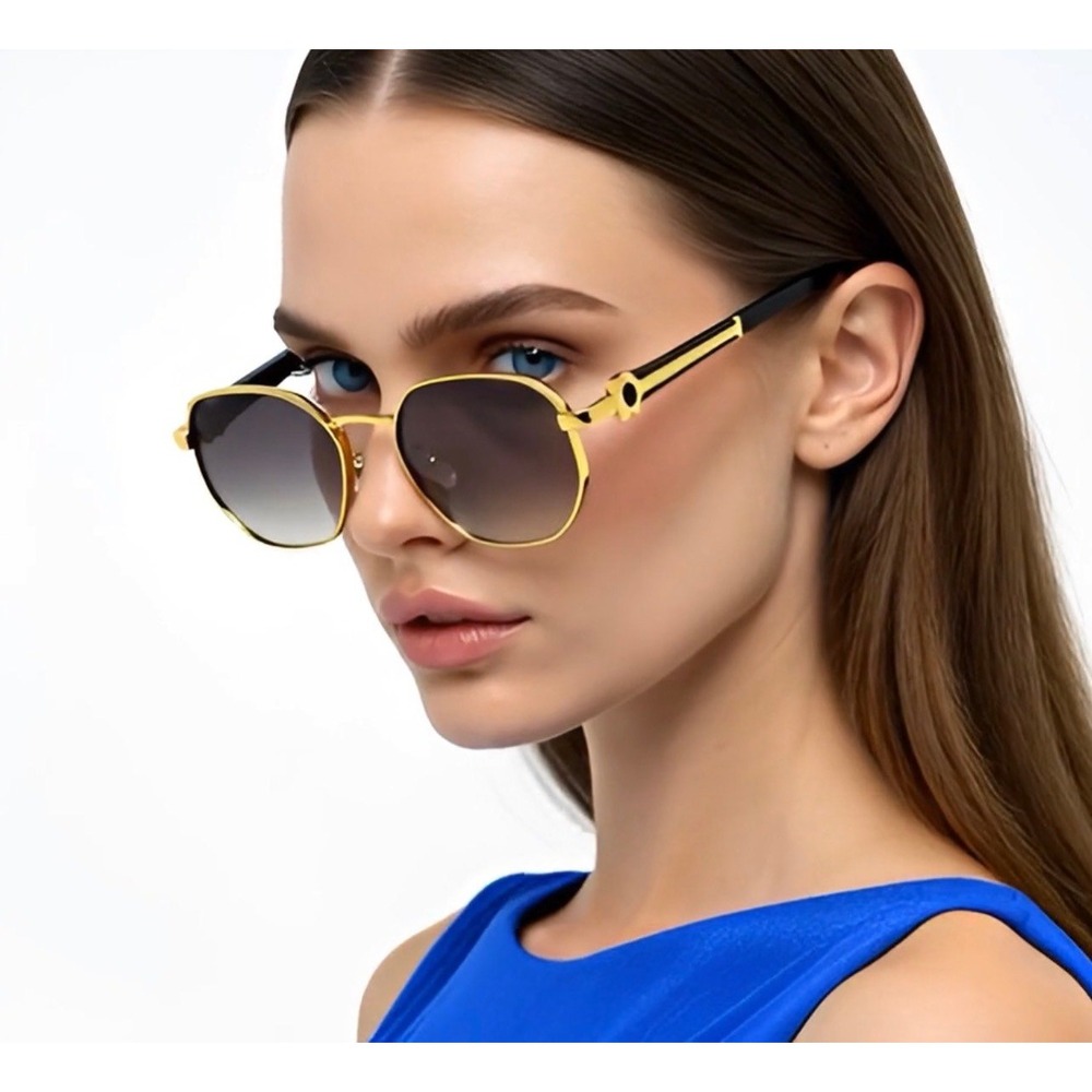 Gold Hexagonal Geometric Sunglasses with Gradient Smoke Lenses and Black Temples